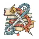 A whimsical design of a crochet hook intertwined with books and yarn, symbolizing your love for crochet and reading tattoo design idea