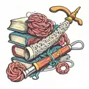 A whimsical design of a crochet hook intertwined with books and yarn, symbolizing your love for crochet and reading tattoo design idea