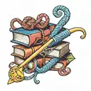 A whimsical design of a crochet hook intertwined with books and yarn, symbolizing your love for crochet and reading tattoo design idea