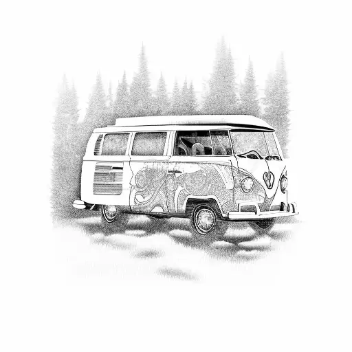 An intricately detailed tattoo of a retro Volkswagen van parked in a serene forest clearing tattoo design idea