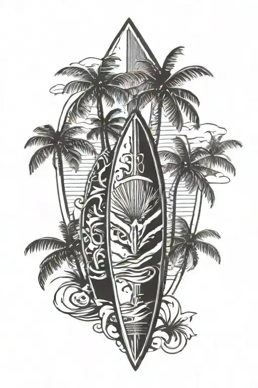 Surfboard with palm trees in surfboard tattoo design idea