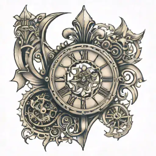 steampunk fleur de lis clock tattoo design idea