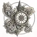 steampunk fleur de lis clock tattoo design idea