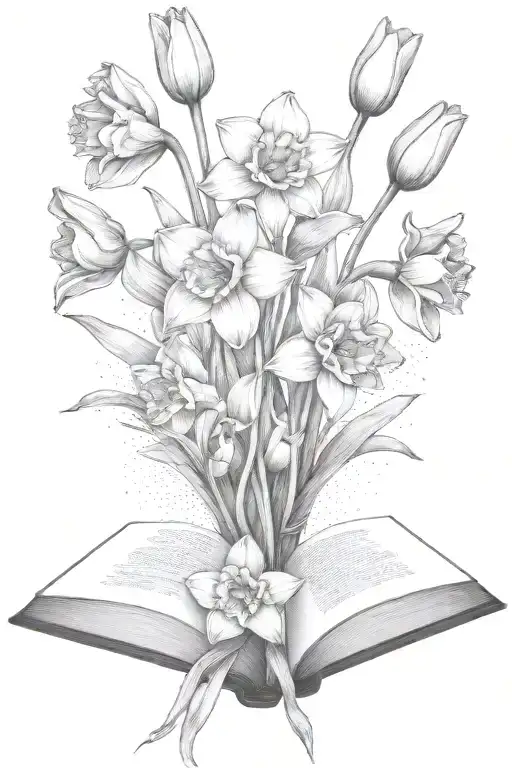 daffodils and tulips bouquet over an open book tattoo design idea