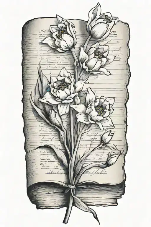 tulip and daffodil flowers in closed book tattoo design idea