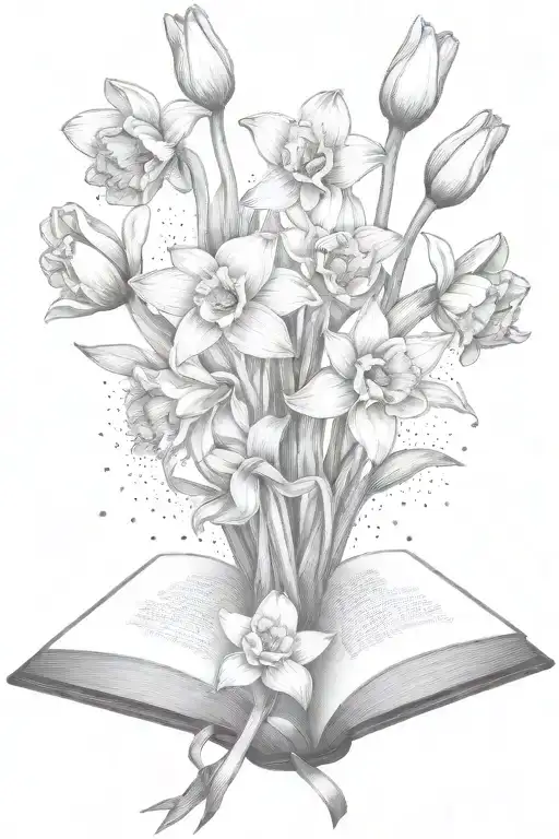 daffodils and tulips bouquet over an open book tattoo design idea