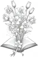 daffodils and tulips bouquet over an open book tattoo design idea