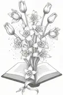 daffodils and tulips bouquet over an open book tattoo design idea