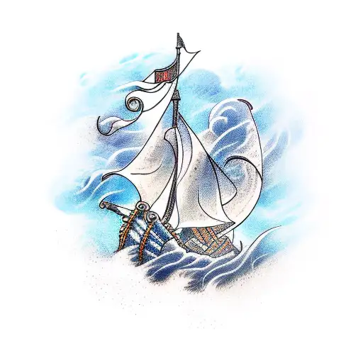 A new-school style tattoo(brazo) of a Viking longship sailing through stormy seas, with vibrant blue and black colors.  tattoo design idea