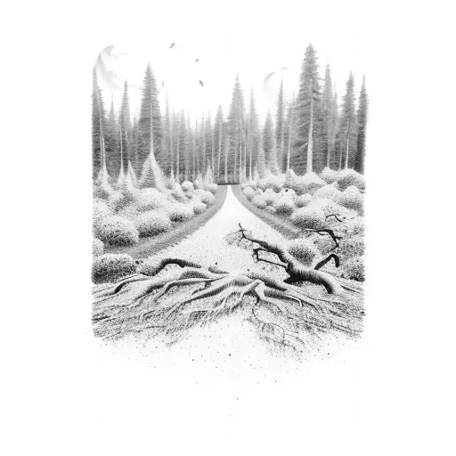 landscape. half evil half good. road leading to mansion. dead trees and live trees tattoo design idea