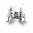 landscape. half evil half good. road leading to mansion. left side dead right side alive. mansion at end of road. tattoo design idea