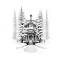 landscape. half evil half good. road leading to mansion. left side dead right side alive. mansion at end of road. tattoo design idea