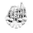 landscape. half evil half good. road leading to mansion. left side dead right side alive. mansion at end of road. tattoo design idea