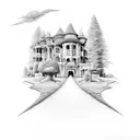 landscape. half evil half good. road leading to mansion. left side dead right side alive. mansion at end of road. tattoo design idea