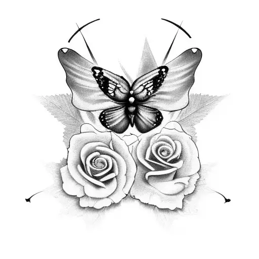 A black and grey tattoo of a rockabilly- gamble style inspired butterfly with a skull and roses tattoo design idea