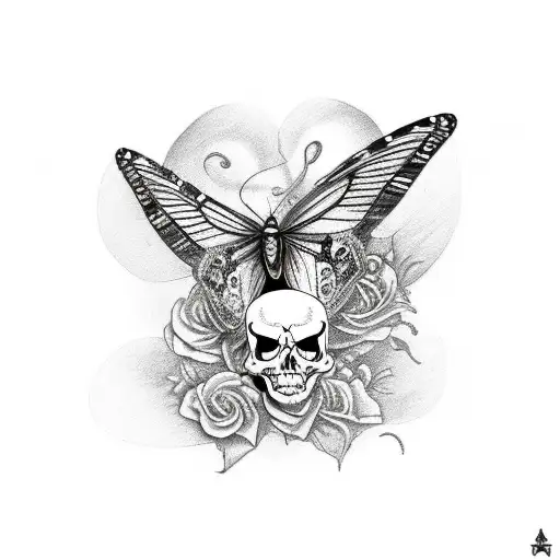 A black and grey tattoo of a rockabilly- gamble style inspired butterfly with a skull and roses tattoo design idea