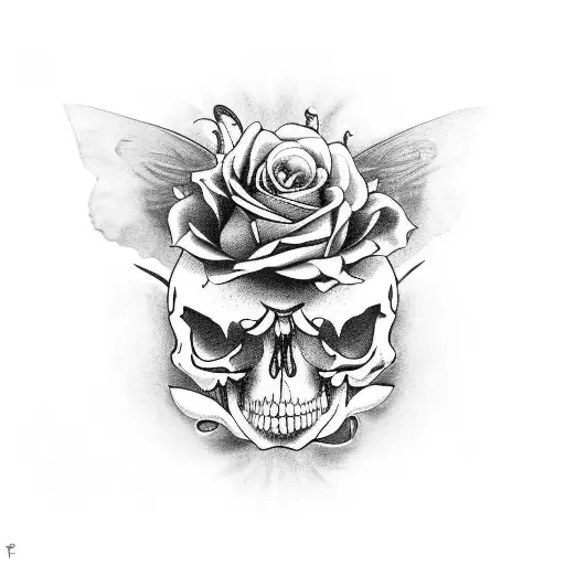 A black and grey tattoo of a rockabilly-inspired butterfly with a skull and roses tattoo design idea