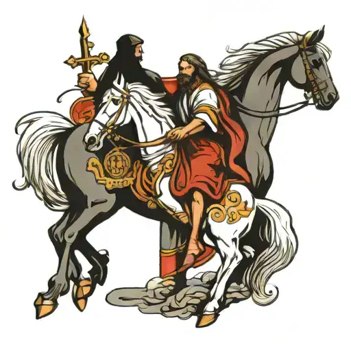 jesus on white horse and sword and church tattoo design idea