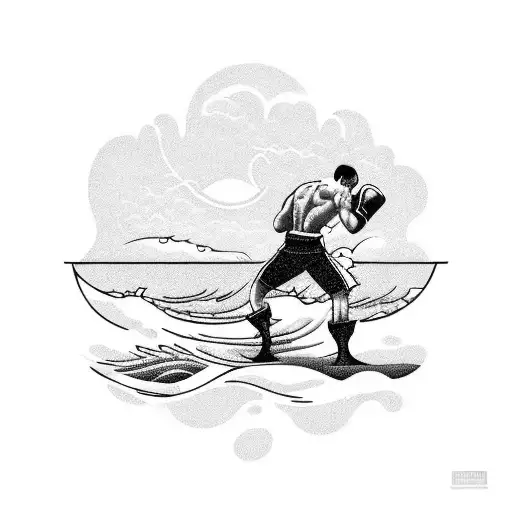 A fighter meditating on the shore, with waves forming the shape of boxing gloves tattoo design idea