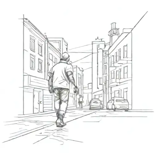 A sketch style tattoo of a person walking on the street with the Uralmash factory as a prominent feature in the design tattoo design idea