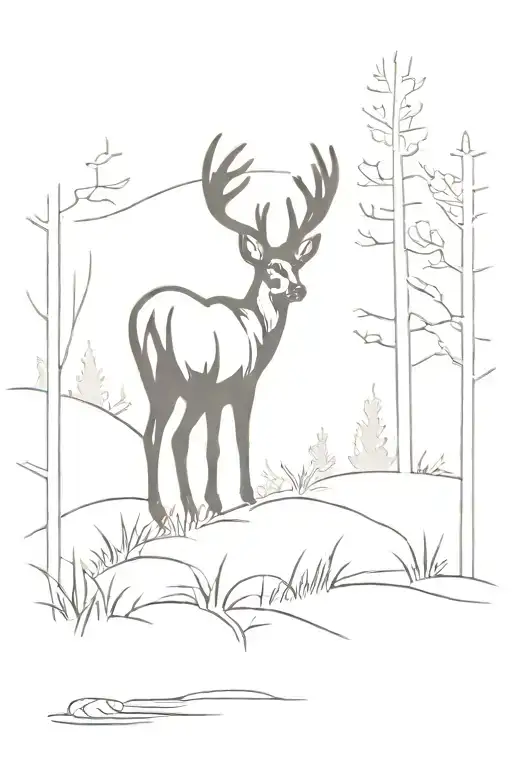 whitetail buck silhouette in foreground with woods and fox in background  tattoo design idea