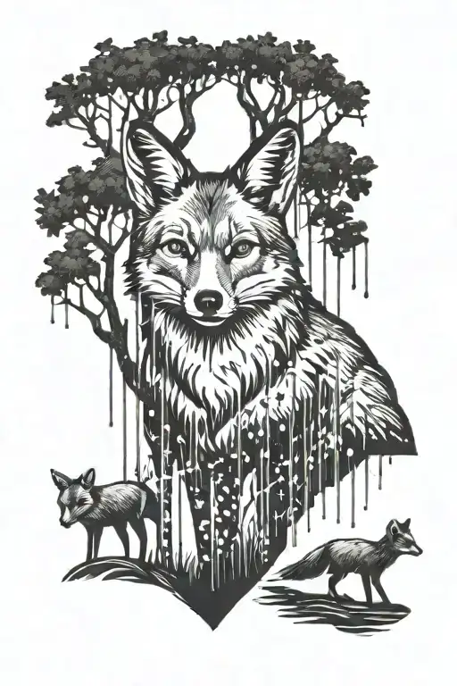 buck standing in woods surrounded by rain with small fox in background tattoo design idea