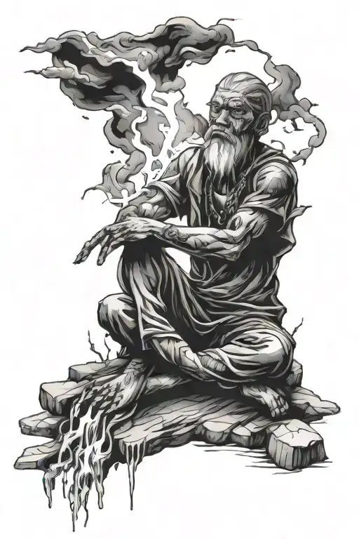 sitting meditation surrounded by fire water wood earth metal lightning ice wind light darkness time space  tattoo design idea