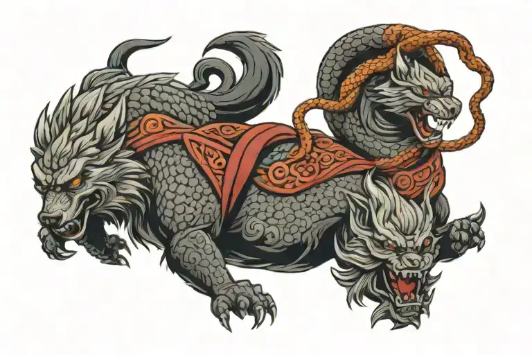 viking, wolf, samurai, snake, clashing tattoo design idea