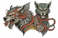 viking, wolf, samurai, snake, clashing tattoo design idea