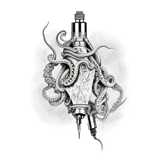 A tattoo machine intertwined with tentacles inspired by HP Lovecraft tattoo design idea