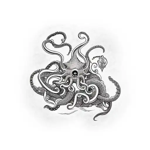 A tattoo machine intertwined with tentacles inspired by HP Lovecraft tattoo design idea
