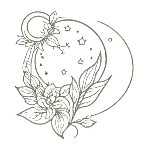 moon fine line tattoo with sun some leaf and floral tattoo design idea