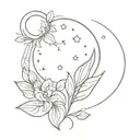 moon fine line tattoo with sun some leaf and floral tattoo design idea