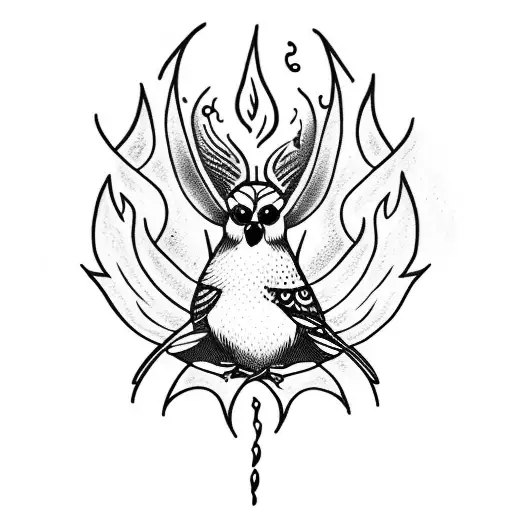 Sparrow with flames in medieval art tattoo design idea