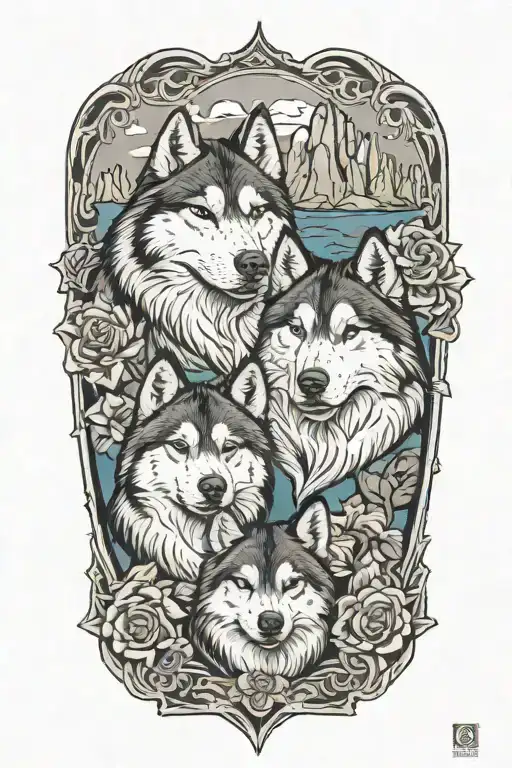A symmetrical design featuring two Alaskan Malamutes surrounded by rock formations, symbolizing a strong bond and love for nature tattoo design idea