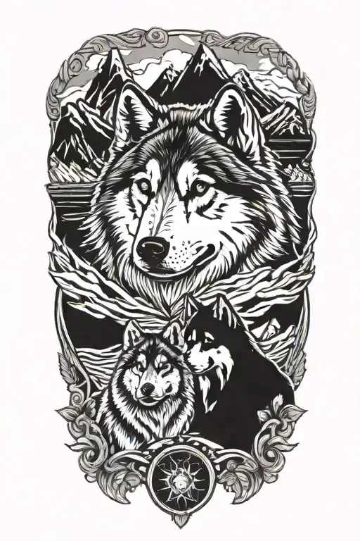 A symmetrical design featuring two Alaskan Malamutes surrounded by rock formations, symbolizing a strong bond and love for nature tattoo design idea