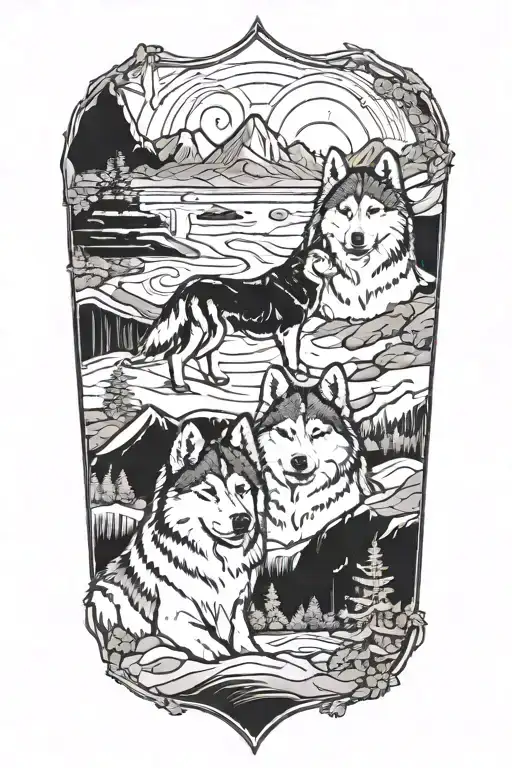 A symmetrical design featuring two Alaskan Malamutes surrounded by rock formations, symbolizing a strong bond and love for nature tattoo design idea