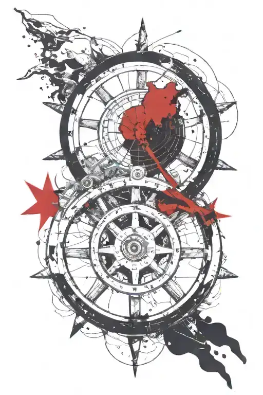 The steering wheel of the ship. There's a ship on it, the sea, the sun. tattoo design idea
