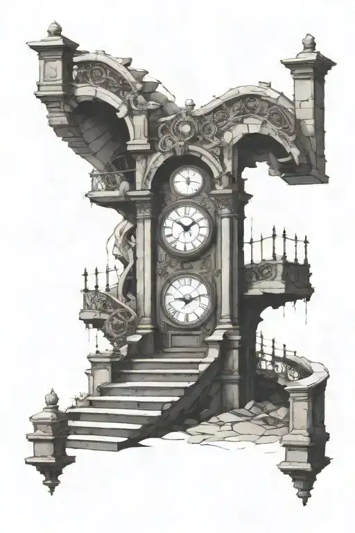 huge broken clock with a small door in the center of the mechanism with stairs   tattoo design idea