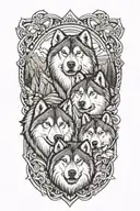 A symmetrical design featuring two Alaskan Malamutes surrounded by rock formations, symbolizing a strong bond and love for nature tattoo design idea