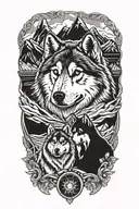 A symmetrical design featuring two Alaskan Malamutes surrounded by rock formations, symbolizing a strong bond and love for nature tattoo design idea