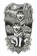 A symmetrical design featuring two Alaskan Malamutes surrounded by rock formations, symbolizing a strong bond and love for nature tattoo design idea