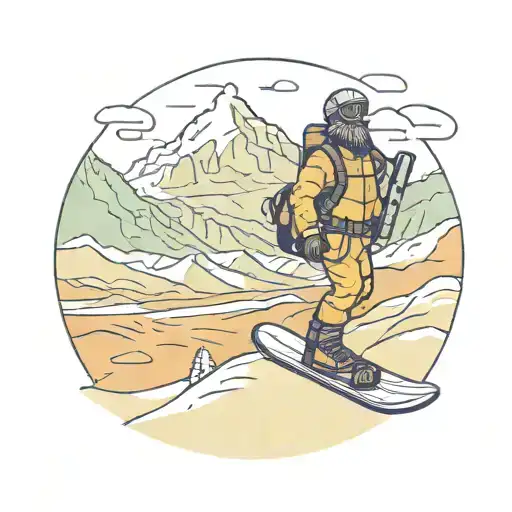 anglo Saxon holding a snowboard, surrounded by desert and mountain landscapes tattoo design idea
