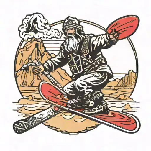 anglo Saxon holding a snowboard, surrounded by desert and mountain landscapes tattoo design idea