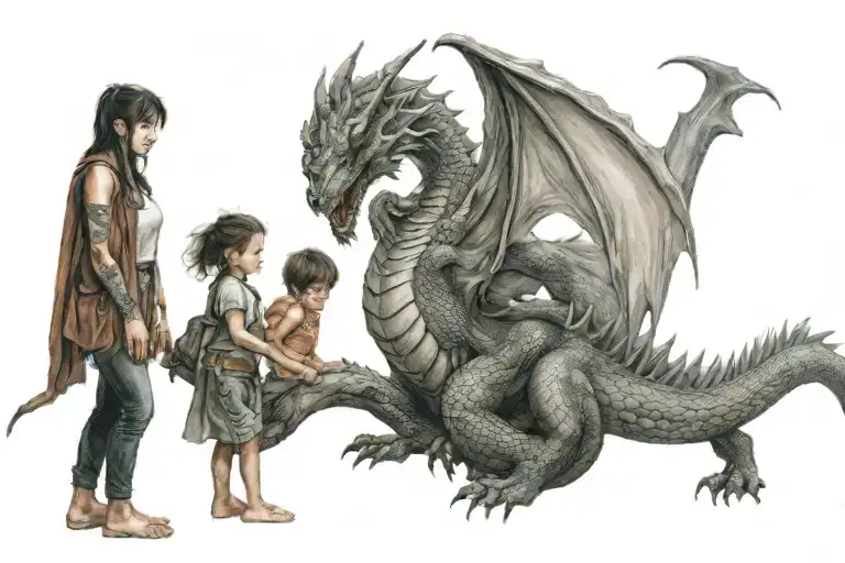 a dragon protecting a family of a human boy a human girl and their human mother tattoo design idea