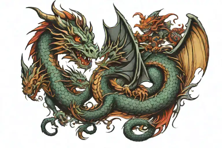 a european dragon protecting a family of a boy a girl and the mother tattoo design idea