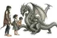 a dragon protecting a family of a human boy a human girl and their human mother tattoo design idea