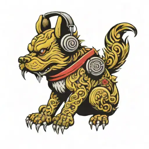 fu dog wearing headphones tattoo design idea