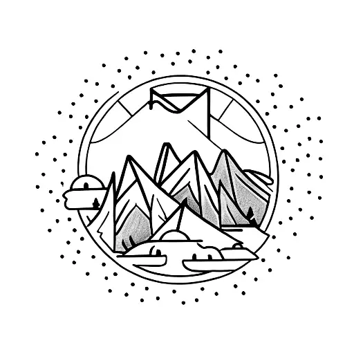 A minimalist tattoo of a group of friends holding hands, forming a circle around a mountain, symbolizing the client's love for both friendship and mountains tattoo design idea