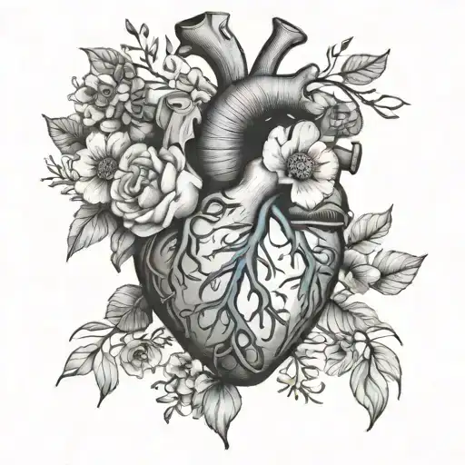 A detailed anatomical heart with pastel colors and floral elements intertwined, representing the love and care of nursing profession tattoo design idea